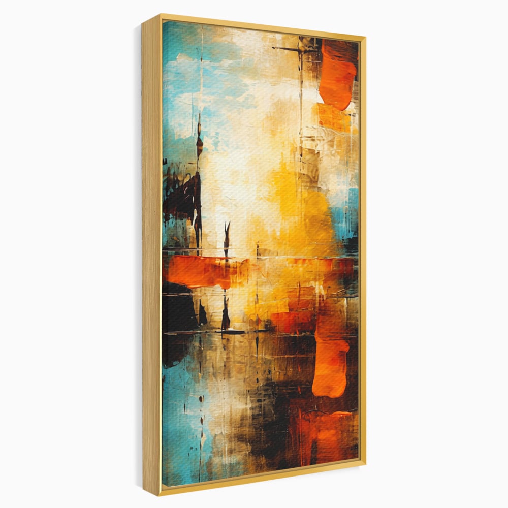 Tablou canvas cu pictura abstracta cu portocaliu si albastru, in rama de aluminiu auriu
